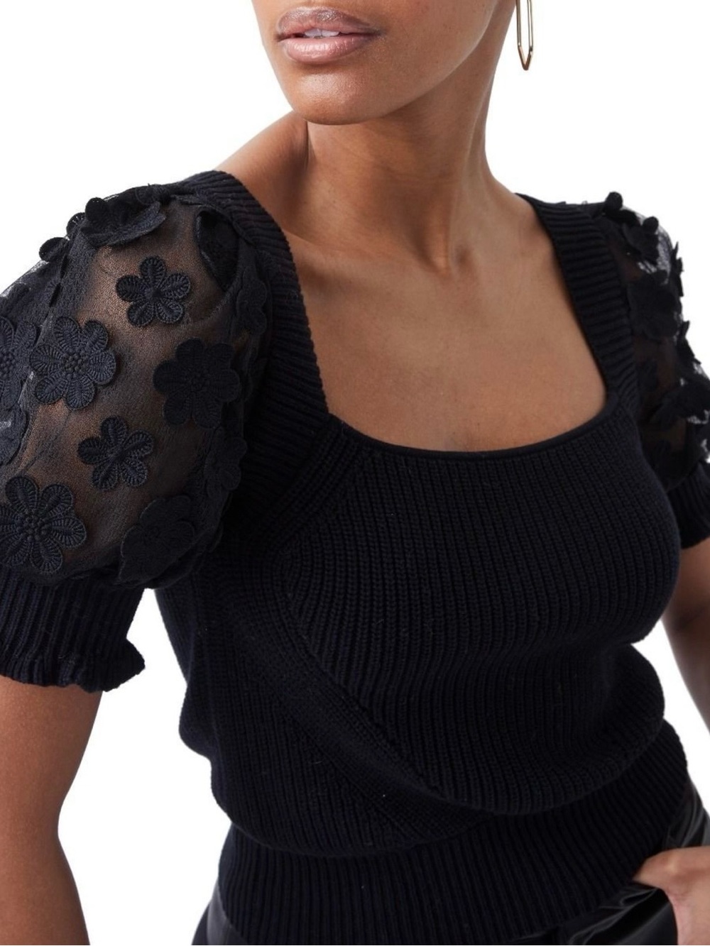 Industry French Connection Navy Lace-Sleeve Square Neck Cotton Knit Top Small